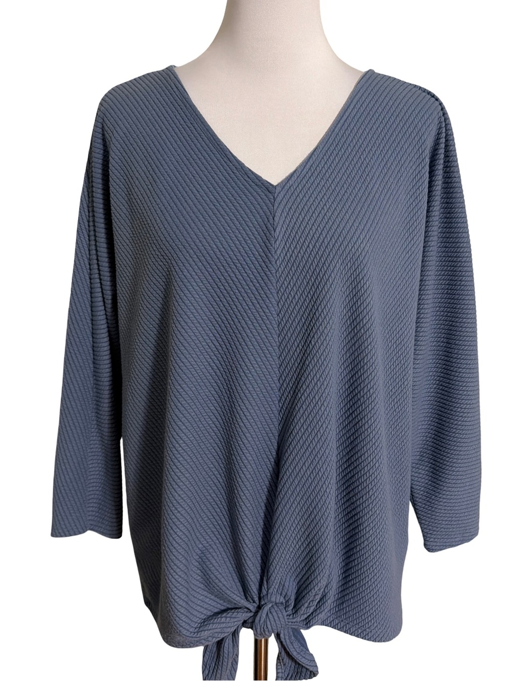 Ruby Rd Slate Blue Textured V-Neck Knot Front Top
